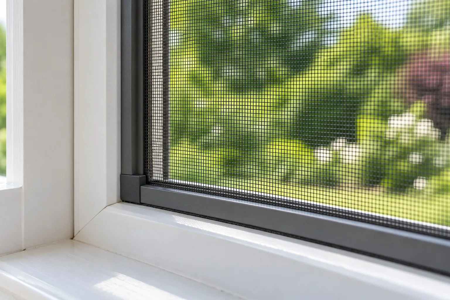 Detail eines passgenau eingesetzten Insektenschutzrahmens am Fenster